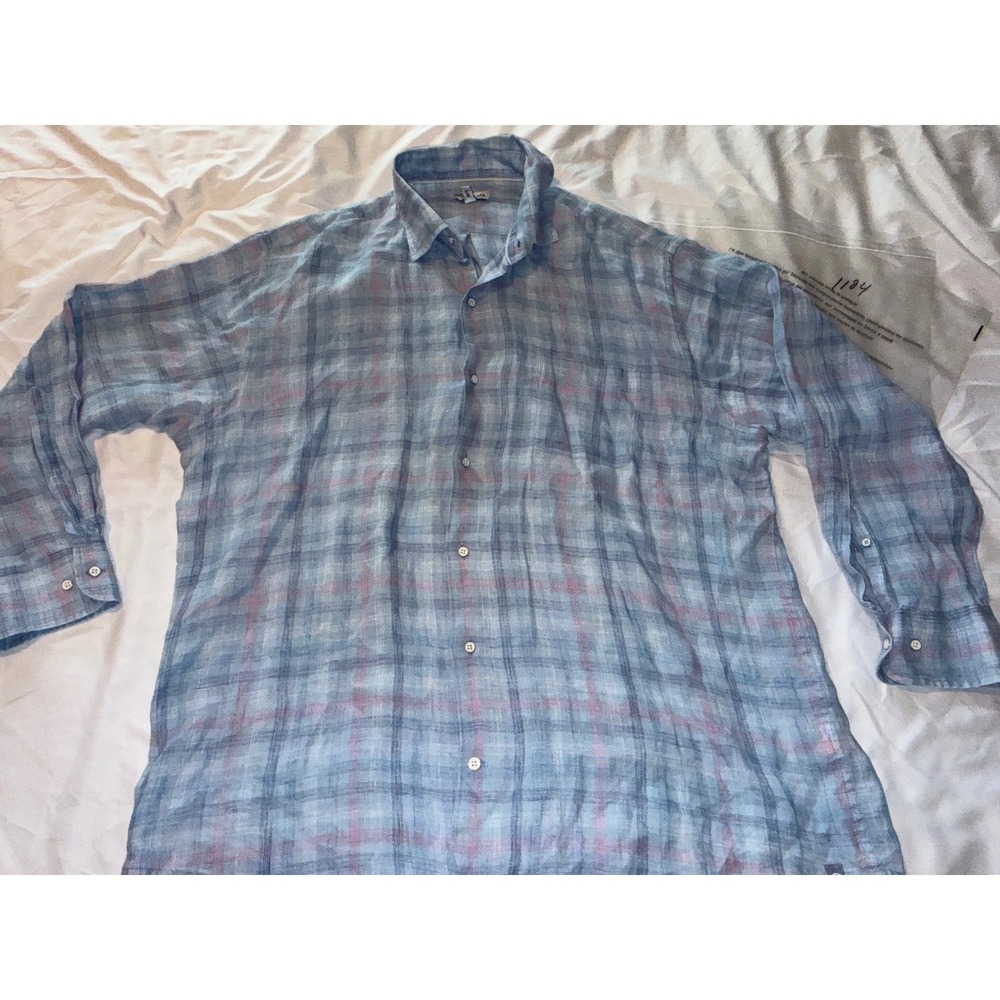 Peter Millar Mens XL Blue Plaid Linen Long Sleeve Button Down Shirt MS22W72CFL